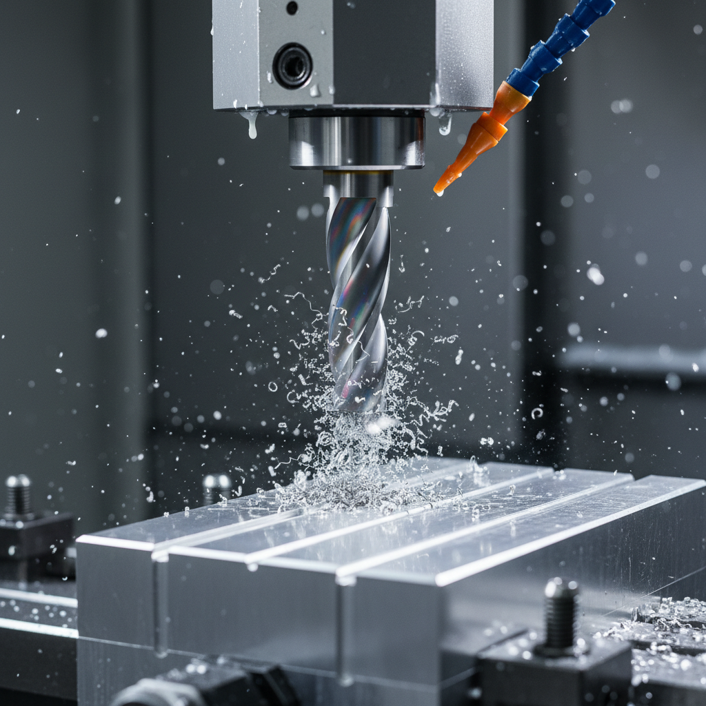 A close-up, photographic, macro-style view of a CNC milling cutter engaging with a solid aluminum block inside a modern machining center. Tiny, curled metallic chips are frozen mid-flight around the sharp, multi-flute end mill, revealing fine detail and subtle rainbow hues from heat treatment. The interior of the enclosure is matte gray, with a fine mist of coolant droplets catching the cool white LED work light, creating sparkling highlights. The scene is framed tightly on the cutting tool and part interface, with the background fading into a soft bokeh of machine walls and fixtures. The mood is dynamic, precise, and powerful, emphasizing controlled force and accuracy. Shot with shallow depth of field and side lighting that carves out the flute geometry and freshly machined surface finish.